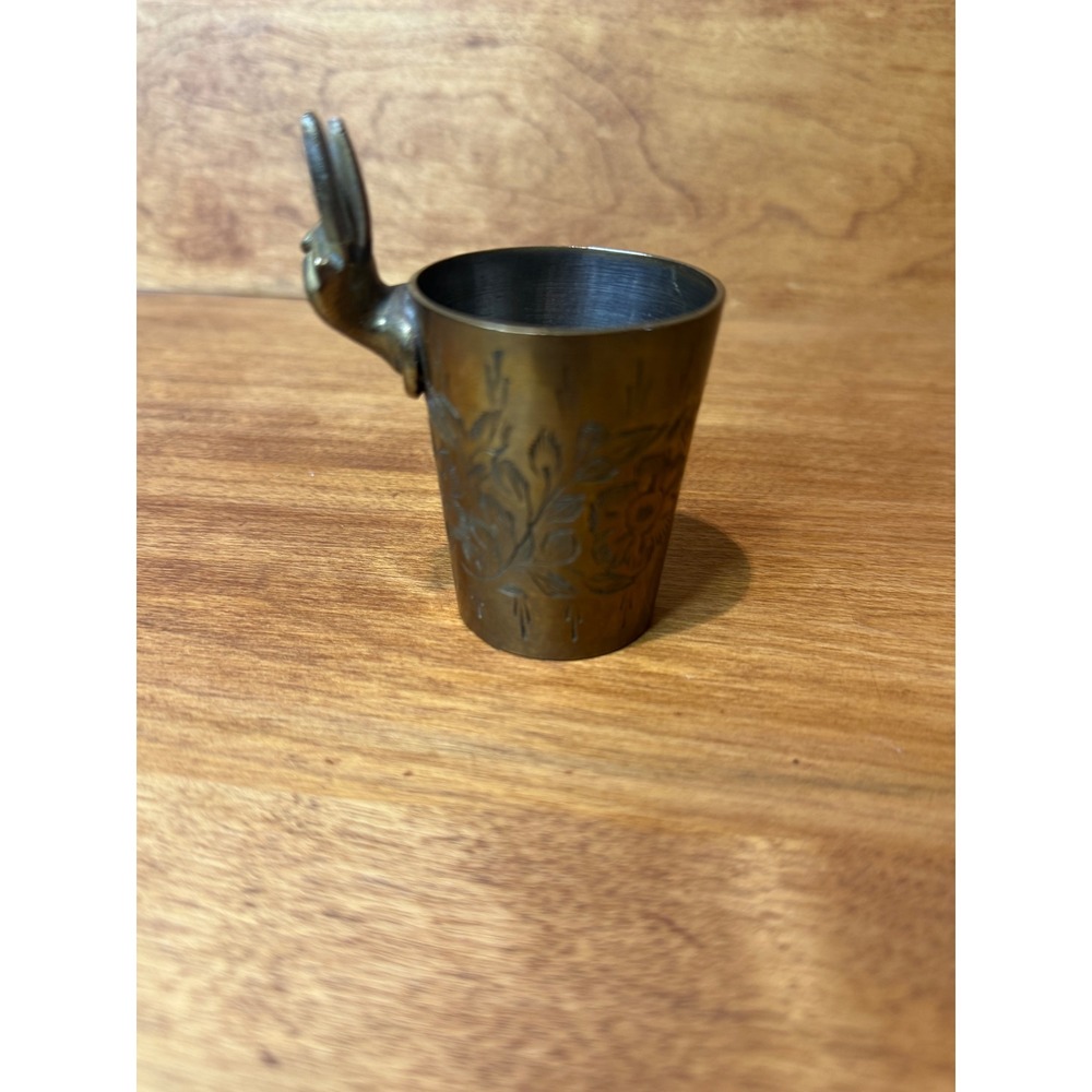 RARE Vintage MCM Etched Brass 2 finger  Shot Glass Peace sign jigger Barware